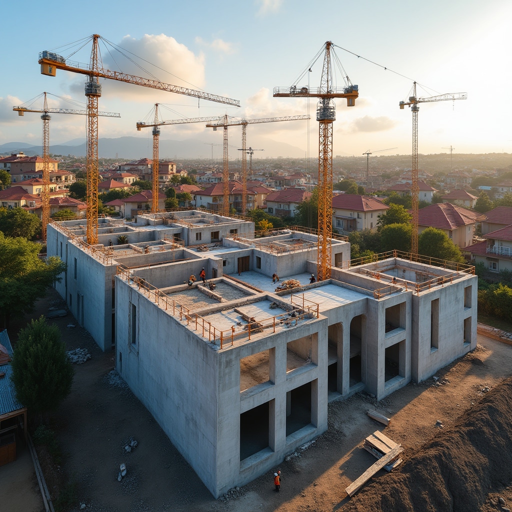 Wide aerial view of an active residential construction site in Chile with cranes and building frames visible
