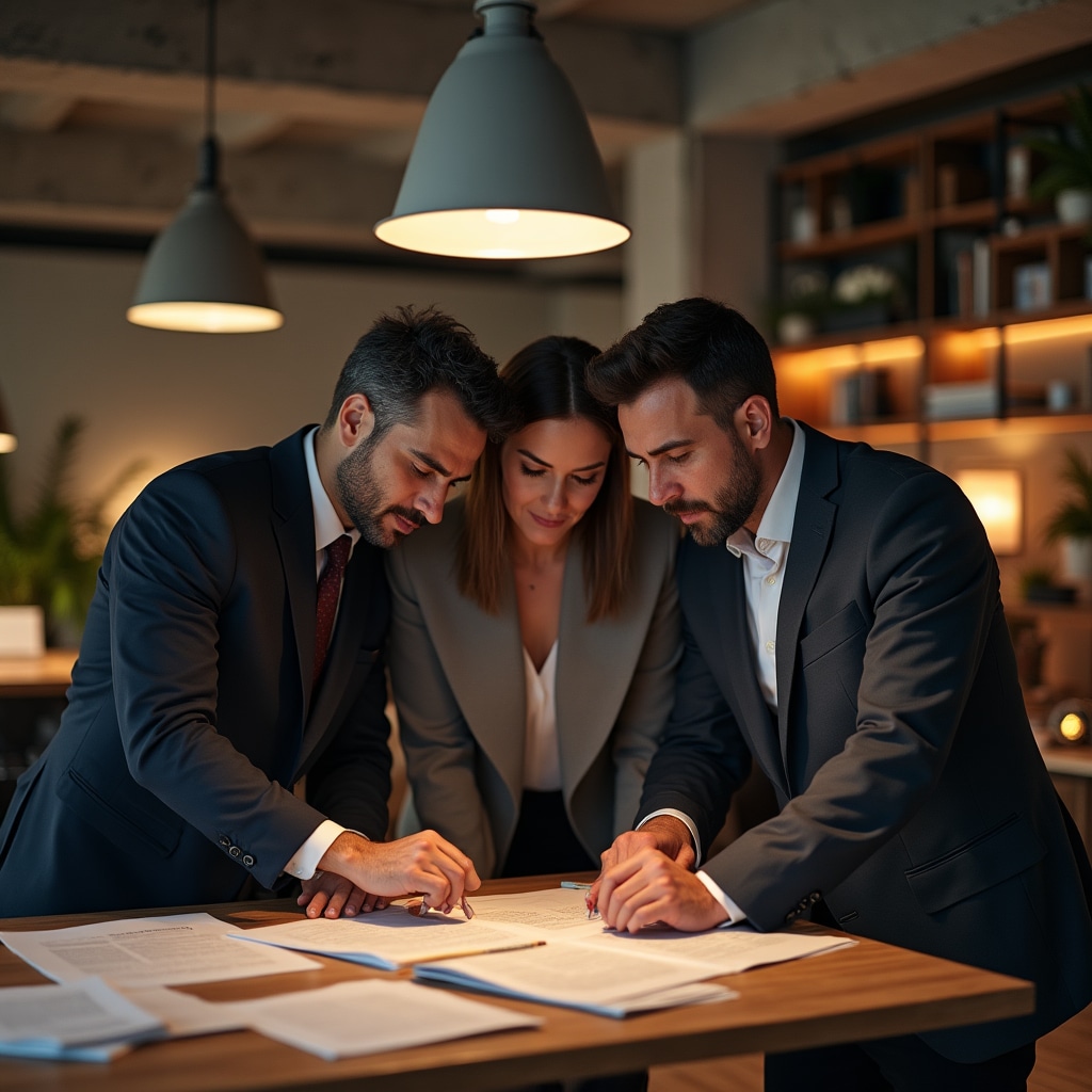 Small team discussing educational content around a modern office table with documents