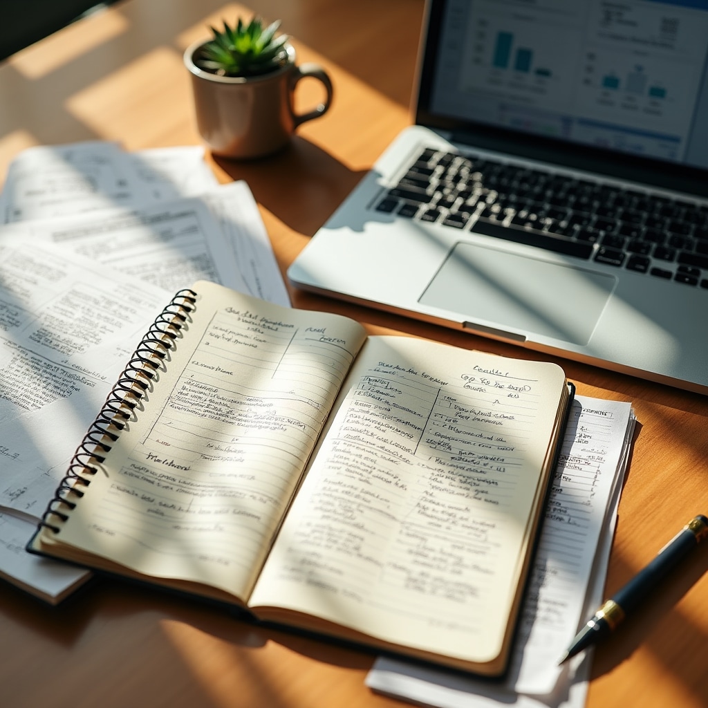 Organized desk with open notebooks, laptop, and financial reference materials in warm office lighting