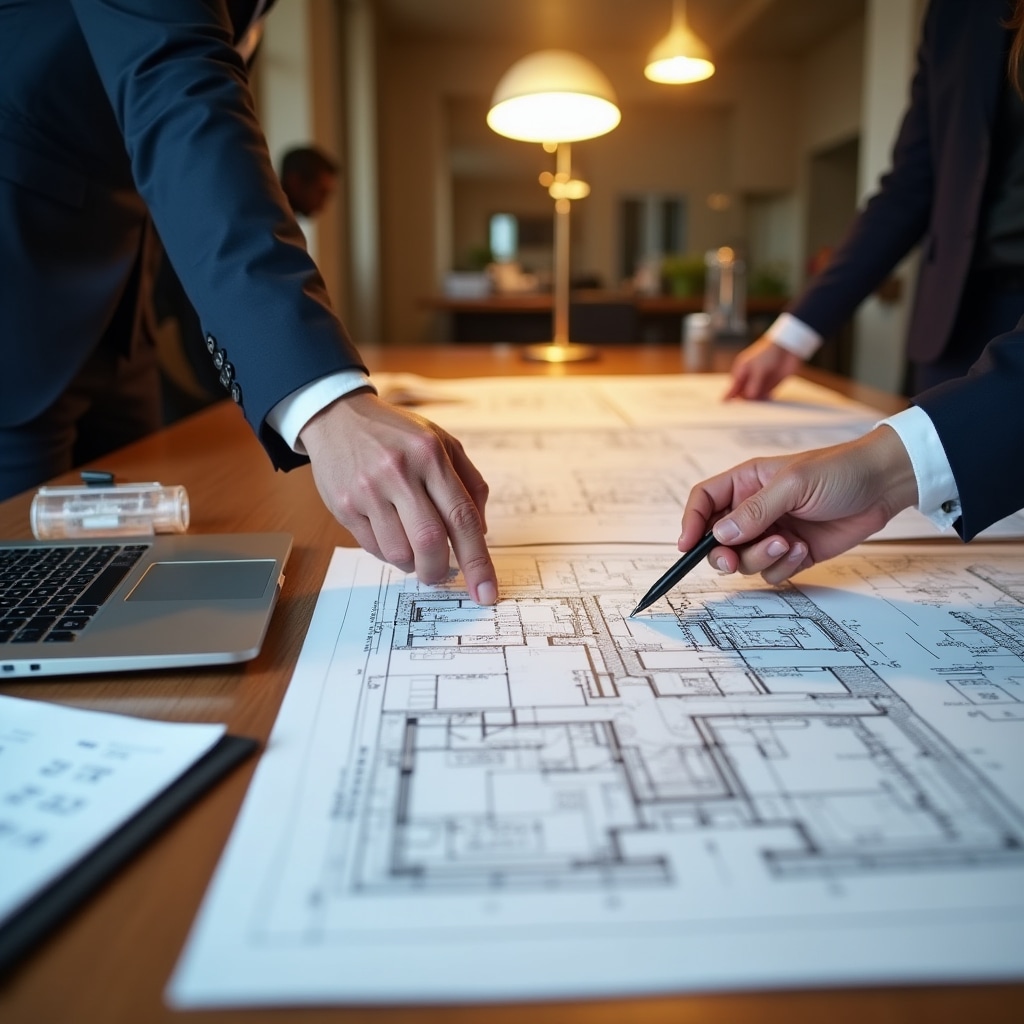Urban real estate project planning documents and blueprints on a table