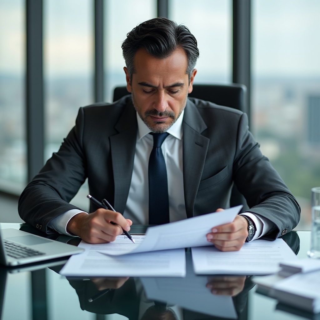 Professional reviewing regulatory documents and legal frameworks at a modern office desk with city view